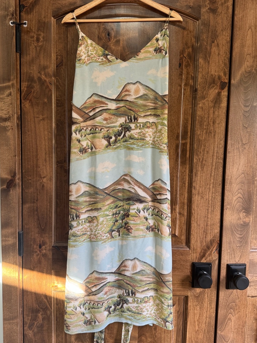 Reformation Scenic Mountain Print Slip Dress — Light Blue & Olive Green